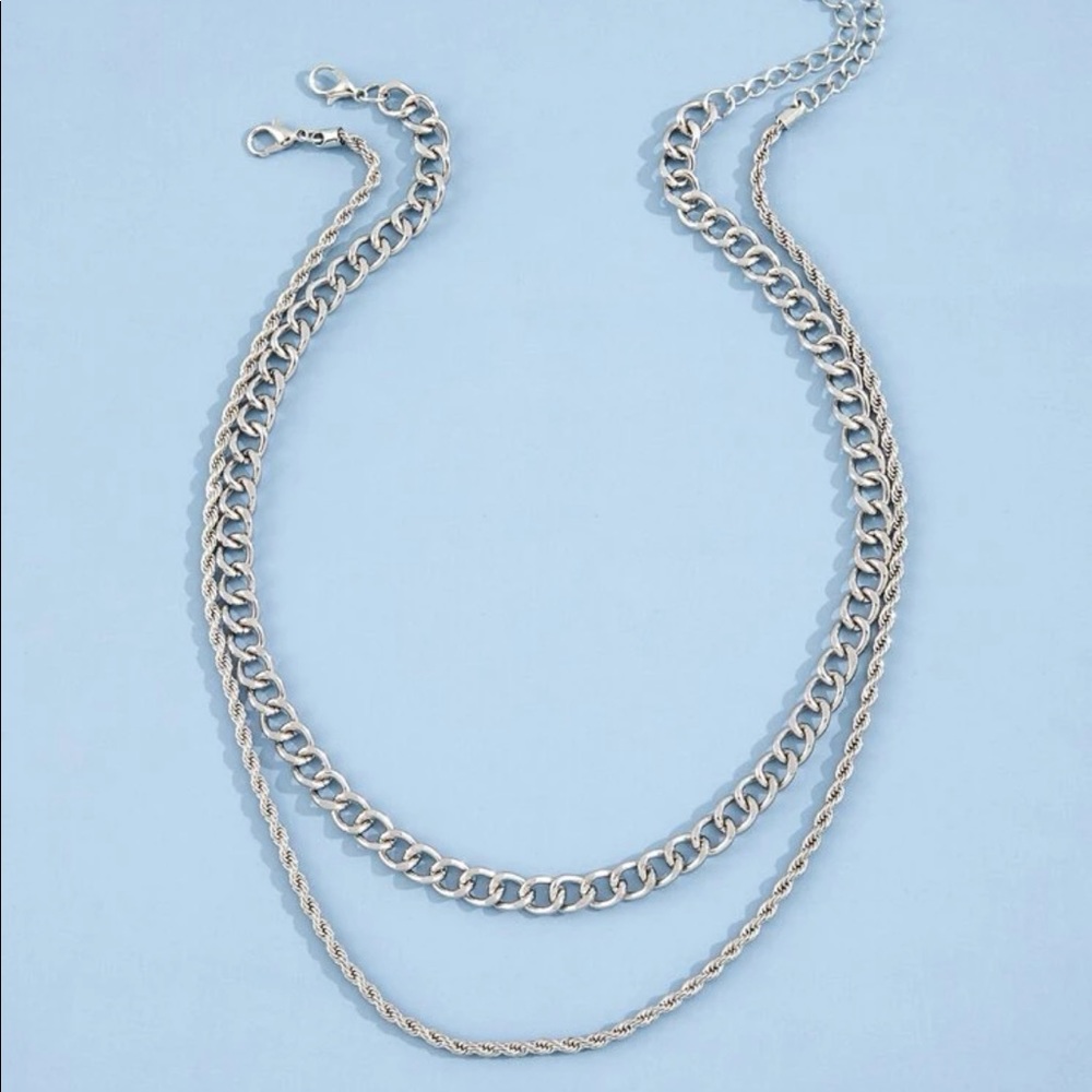 2 Piece Double Layered Dainty Silver Chain Link Necklace New - Picture 2 of 5